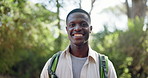 Happy, nature and portrait of black man hiking in forest for activity, hobby or exercise outdoor. Backpacking, fitness and face of African person in woods for trekking with cardio workout in morning.