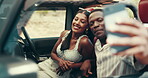 Travel, selfie and couple on road trip, car and profile picture for social media on vacation or smile. Tourism, influencer and photography for memory on holiday, man and bonding with woman in vehicle