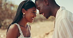 Happy, forehead touch and couple in nature for holiday, vacation and weekend getaway in summer. Love, dating and people in countryside for travel, sightseeing and adventure on road trip outdoors