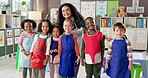 Face, teacher and group students with smile of learning support, education and growth development. Portrait, woman and children with trust for creative lesson, kindergarten class and bonding together