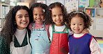 Face, teacher and hug students with smile of learning support, education and growth development. Portrait, woman and children with embrace for creative lesson, kindergarten class and bonding together