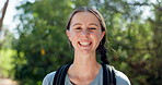 Happy, nature and portrait of woman hiking in forest for activity, hobby or exercise outdoor. Confident, fitness and face of female person in woods for trekking with cardio workout in morning.