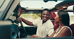 Conversation, happy and couple in car for road trip, vacation or holiday together for anniversary. Love, smile and man with woman in vehicle talk, bonding and connection for relationship with travel.