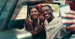 Couple, road trip and selfie in car with smile, gesture and post on web with journey, holiday and love. People, man and woman with photography, memory and profile picture with social media in vehicle