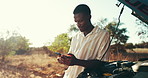 Man, car breakdown and phone outdoor for roadside assistance, engine repair service and typing text message. Motor problem, black person and chat to mechanic for vehicle advice, fuel issue and stress