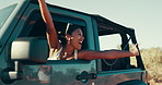 Journey, excited and woman with vehicle, smile and happiness with vacation, road trip and joy. Person, outdoor and traveller with weekend break, summer holiday and countryside with commute and energy