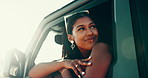 Car, window and woman on road trip with smile, adventure and travel in nature for vacation. Vehicle, transport and happy driver at safari destination, holiday or outdoor journey with morning break