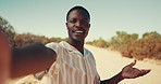 Selfie, travel influencer and black man with vacation, talking and live streaming with road trip. Face, outdoor and African person with weekend break, video call or holiday with nature or online vlog