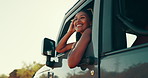 Car, window and happy woman on road trip with smile, adventure and travel in nature for vacation. Vehicle, transport and driver at safari destination, holiday or outdoor journey with morning break