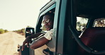 Road trip, passenger and black man with vehicle, smile and journey for vacation, weekend or break. Transportation, outdoor and African traveller in car for summer holiday, safari tour and countryside