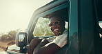 Road trip, adventure and black man with vehicle, smile and journey for vacation, weekend or break. Transportation, outdoor and African traveller in car for summer holiday, safari tour and countryside