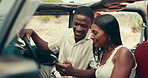 Phone, laugh and couple in car for route, navigation or map to holiday home for vacation together. Love, romantic and man with woman on cellphone for online hotel checkin in vehicle for road trip.