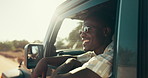 Car, window and black man on road trip with smile, morning adventure and travel in nature for vacation. Vehicle, transport and face of happy driving on African safari, bush holiday or outdoor journey