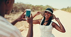 Phone, profile picture and road trip with couple in desert together for honeymoon, travel or vacation. App, photograph and social media with people outdoor in nature for bonding, journey or holiday