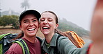 Face, people and selfie for hiking outdoor of photography, adventure vlog and social media post. Friends, laugh and recording video of live stream, profile picture update and travel journey in nature
