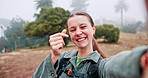 Face, woman and selfie with finger heart outdoor for photography, adventure vlog and social media post. Smile, person and recording with hiking live stream, loves gesture and travel journey in nature