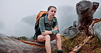 Woman, hike and sad with breathe in forest, woods or nature for depression, trekking or outdoor breakdown. Backpack, girl and hiker upset for travel crisis, trip or mental health on holiday vacation