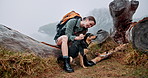 Mountain, hiking and girl with dog, smile and outdoor adventure holiday on winter weekend. Relax, love and happy friends with animal petting in nature to rest on trekking vacation in morning fog