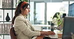 Reading, computer and woman in office typing for creative project with magazine publishing. Technology, research and female editor with online blog with article review or feedback in workplace.