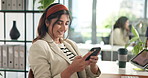 Phone, smile and businesswoman in office with communication, contact or networking on mobile app. Technology, reading and magazine editor with reviews online on cellphone for publishing project.