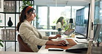Research, computer and woman in office typing for creative project with magazine publishing. Technology, reading and female editor with online blog with article review or feedback in workplace.
