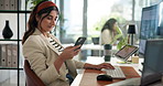 Phone, computer and businesswoman in office with communication, contact or networking on app. Technology, reading and magazine editor with reviews online on cellphone for publishing project.