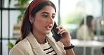 Phone call, business and woman in workplace, conversation and planning for schedule, creative project and chatting. Person, employee or journalist with smartphone, talking and discussion with contact