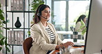 Happy woman, consultant or call center with headset on computer for customer service at office. Female person, agent or virtual assistant talking with mic for online communication or CRM at workplace