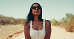 Desert, pout and sunglasses with woman outdoor for break, travel or vacation at sandy destination. Adventure, journey or road trip and happy tourist person in nature with peace sign for holiday