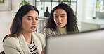Discussion, meeting and women with computer, office and planning for project on website or collaboration. Public relations, media manager and people with tech for research, teamwork and brainstorming