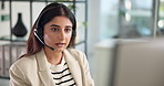 Business woman, agent or call center with headset on computer for customer service at office. Female person, consultant or virtual assistant talking with mic for online communication at workplace