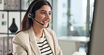 Happy woman, agent or call center with headset on computer for customer service at office. Female person, consultant or virtual assistant talking with mic for online communication or CRM at workplace