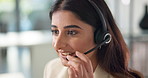 Happy woman, virtual assistant or call center with headset for customer service or online advice at office. Female person, agent or consultant talking with mic for CRM or communication at workplace