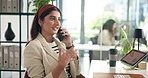 Phone call, business and woman in office, discussion and planning for schedule, creative project and digital app. Person, employee and journalist in workplace, smartphone and talking with contact