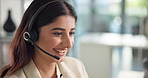 Happy woman, consultant or call center with headset for customer service or online advice at office. Female person, agent or virtual assistant talking with mic for CRM or communication at workplace
