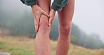 Woman, hand and knee pain outdoor for fitness, exercise and cardio workout accident or training in mountain nature. Joint issue, wellness emergency and athlete person with running injury in forest
