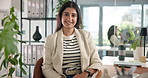 Face, business and woman at desk, smile and confidence with career ambition, ad agency and pride. Portrait, happy person or sales consultant in modern office, creativity for project and skills growth