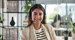 Happy woman, face and call center with headset for business helpdesk or customer service at office. Portrait, female person or consultant agent with smile or mic for CRM, communication or assistance