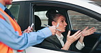 Angry, police officer and ticket for driver, car and fine for violation on road, disappointed or travel. Argument, traffic cop and warning for mature person in vehicle, public safety or communication