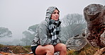 Mountain, hike and woman with nature, cold and travelling with jacket, journey and environment. Person, outdoor and hiker with weekend break, freeze and wellness with fitness and healthy girl
