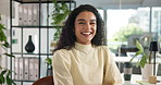 Face, employee and woman at desk, smile and confidence with career ambition, writer and pride. Portrait, happy person or journalist in modern office, creativity for project and reporter with skills