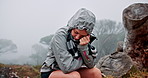 Woman, hike and sad with tears in forest, woods or nature for depression, trekking or outdoor breakdown. Backpack, girl and hiker crying for travel crisis, trip or mental health on holiday vacation