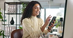 Phone, scrolling and businesswoman in office with communication, contact or networking on mobile app. Technology, happy and magazine editor with reviews online on cellphone for publishing project.