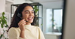 Business woman, consultant and talking with headset on mic at call center for online advice or communication. Female person, agent or virtual assistant on computer for customer service, help or CRM