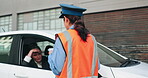 Car, woman and talking to traffic cop, warning and conversation for mistake by driver and commuting. Unhappy, mature person and thinking of violation on road, police officer and public safety in city