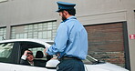 Car, traffic cop and warning for woman, street and conversation for mistake by driver and commuting. Unhappy, mature person and thinking of violation on road, police officer and public safety in city