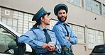 Police, security and people on road in city talking for traffic rules, safety and vehicle protection. Law enforcement, officers and man and woman chat on break for patrol, surveillance and guard