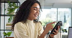 Cellphone, happy and businesswoman in office with scrolling for communication, contact or networking. Technology, reading and magazine editor with reviews online on phone for publishing project.
