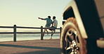 Friends, travel and men talking by beach for bonding, conversation and communication. Road trip, nature and people with car for hangout, chill and chatting on holiday, vacation and weekend outdoors