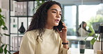 Phone call, business and woman in office, smile and planning for schedule, creative project and chatting. Happy person, employee and journalist in workplace, smartphone and discussion with contact